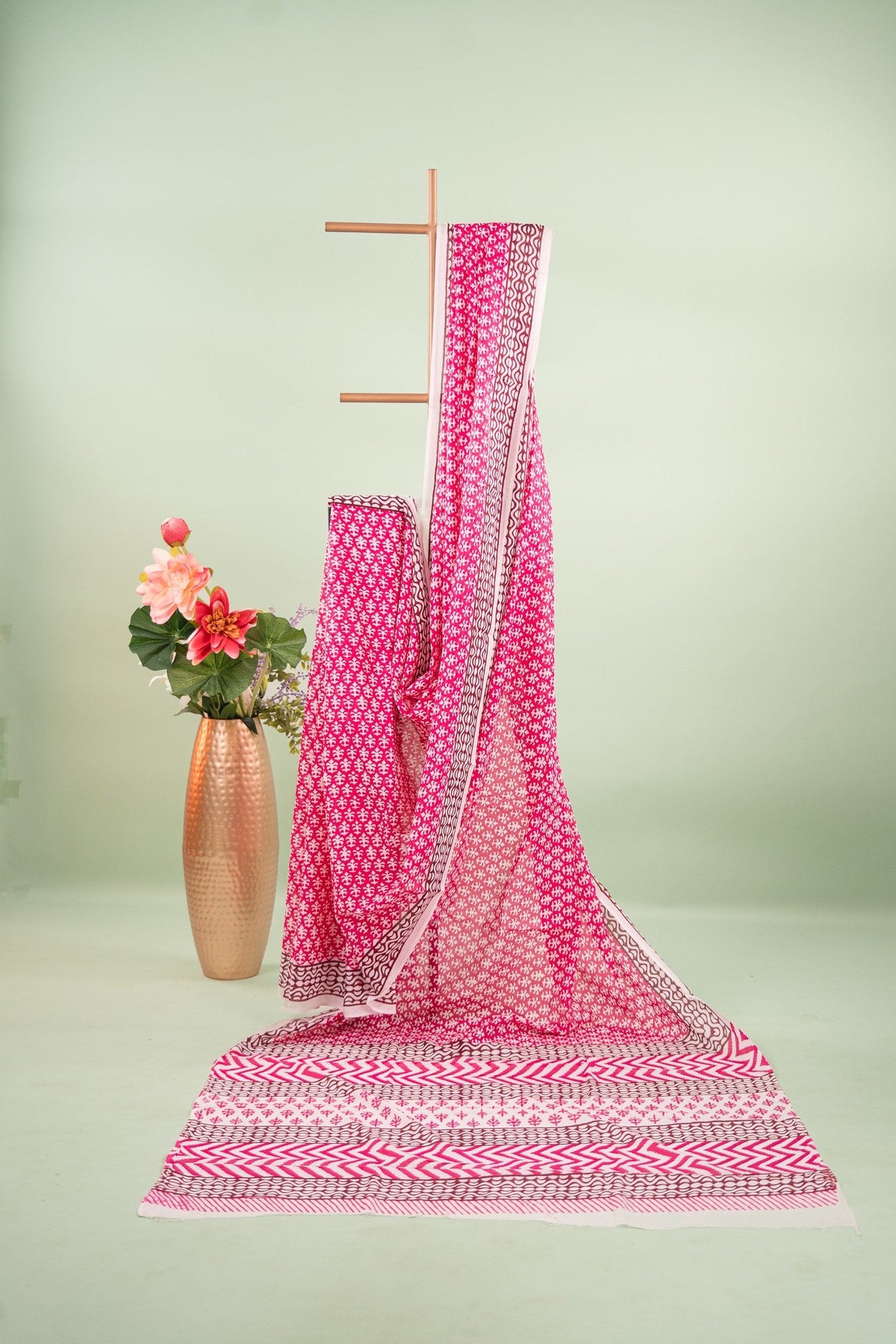 Magenta Trishul Block Print Mul Mul Cotton Saree