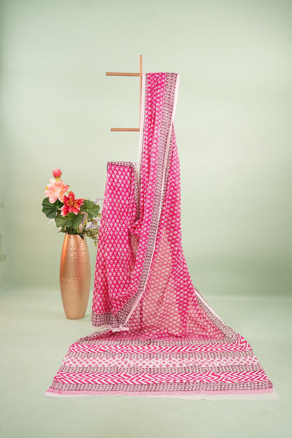 Magenta Trishul Block Print Mul Mul Cotton Saree