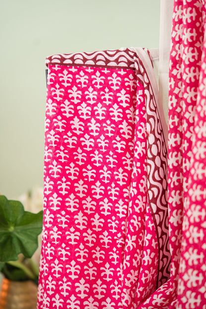 Magenta Trishul Block Print Mul Mul Cotton Saree