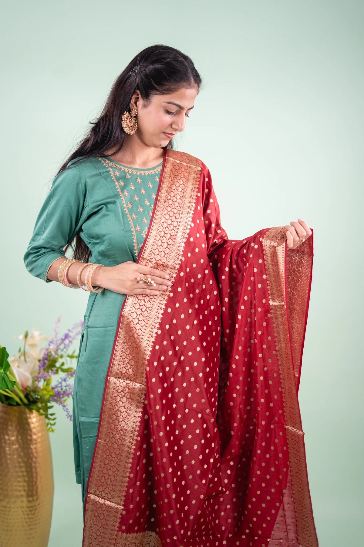 Maroon Gold Booti Banarasi Dupatta - angled model view