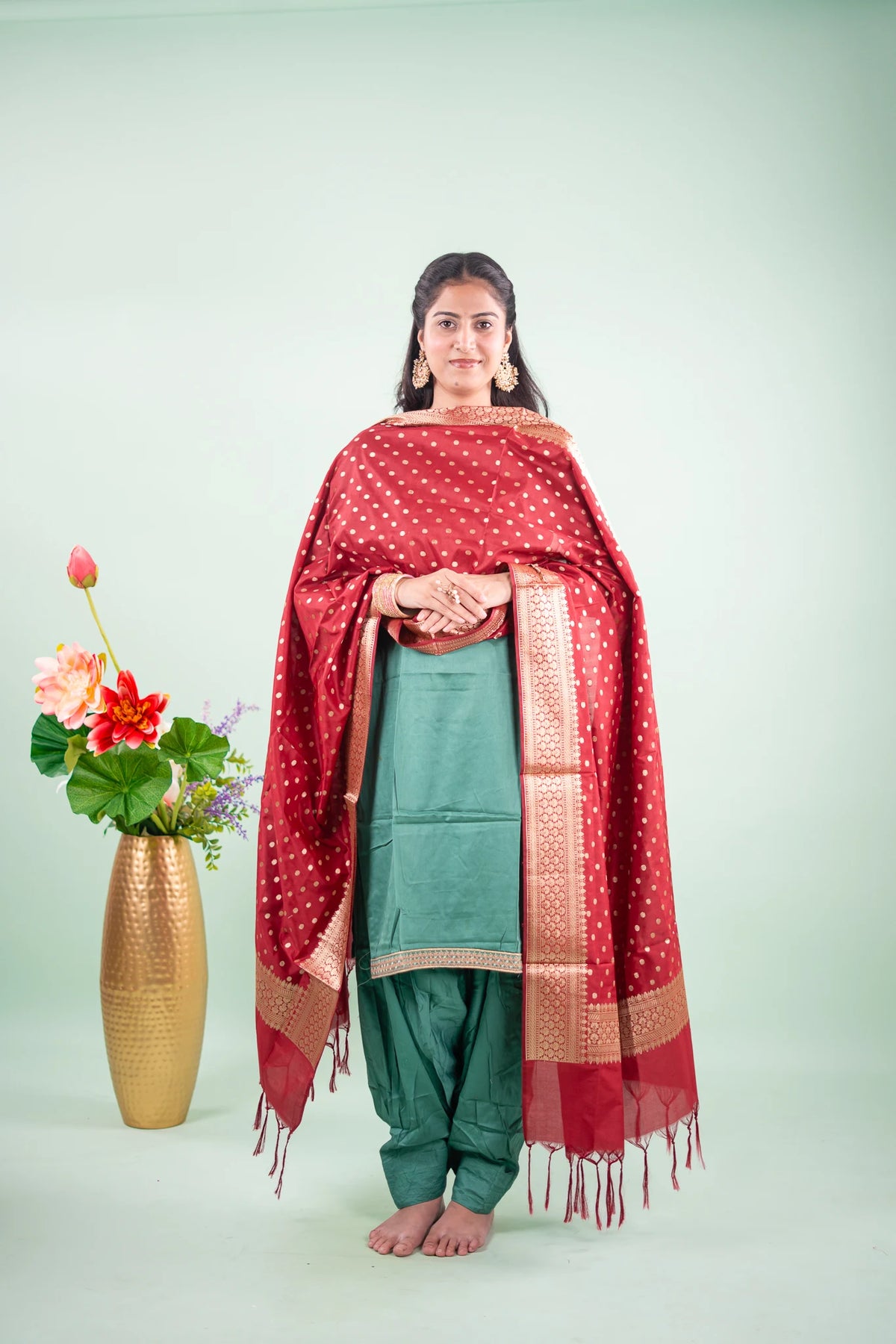 Maroon Gold Booti Banarasi Dupatta - full front view