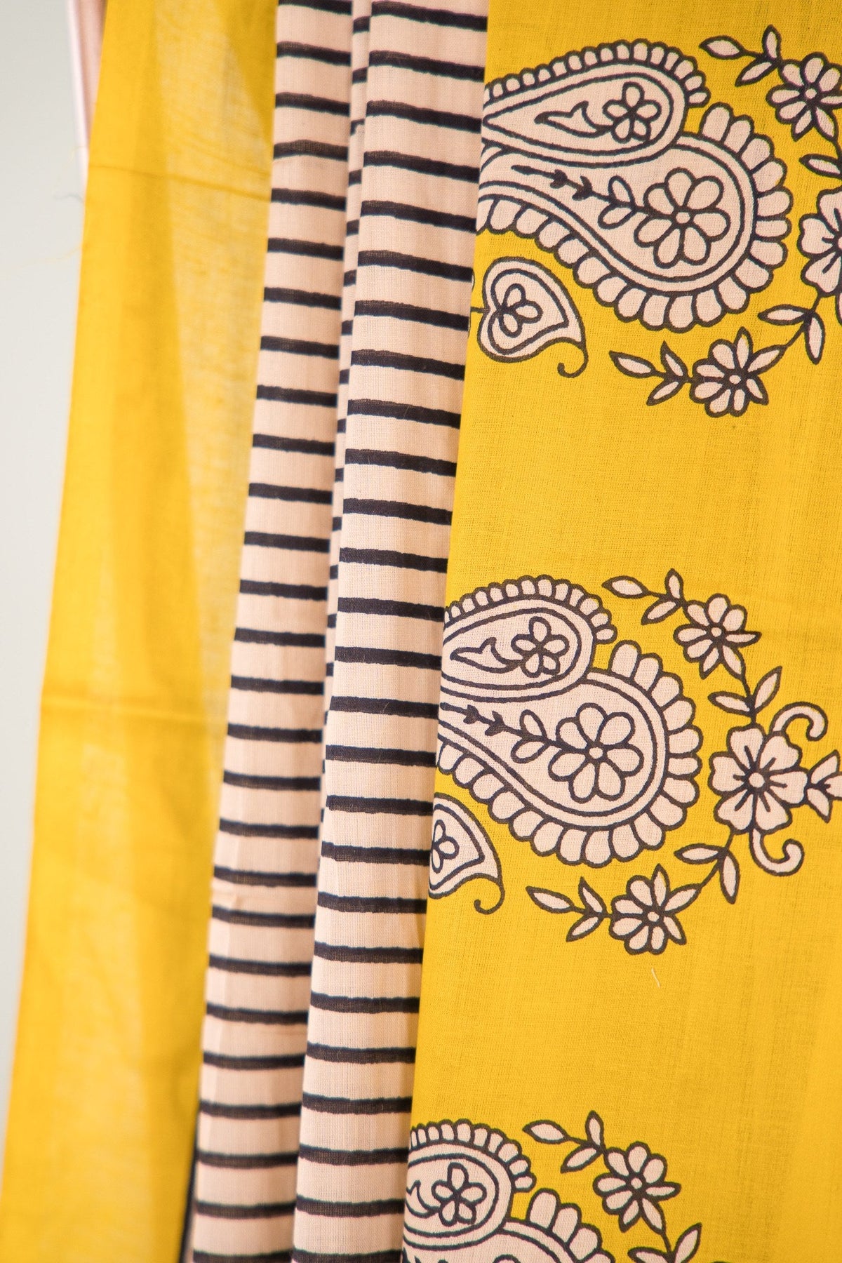 Mustard Black Paisley Border Mul Mul Cotton Saree
