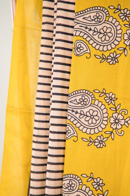 Mustard Black Paisley Border Mul Mul Cotton Saree