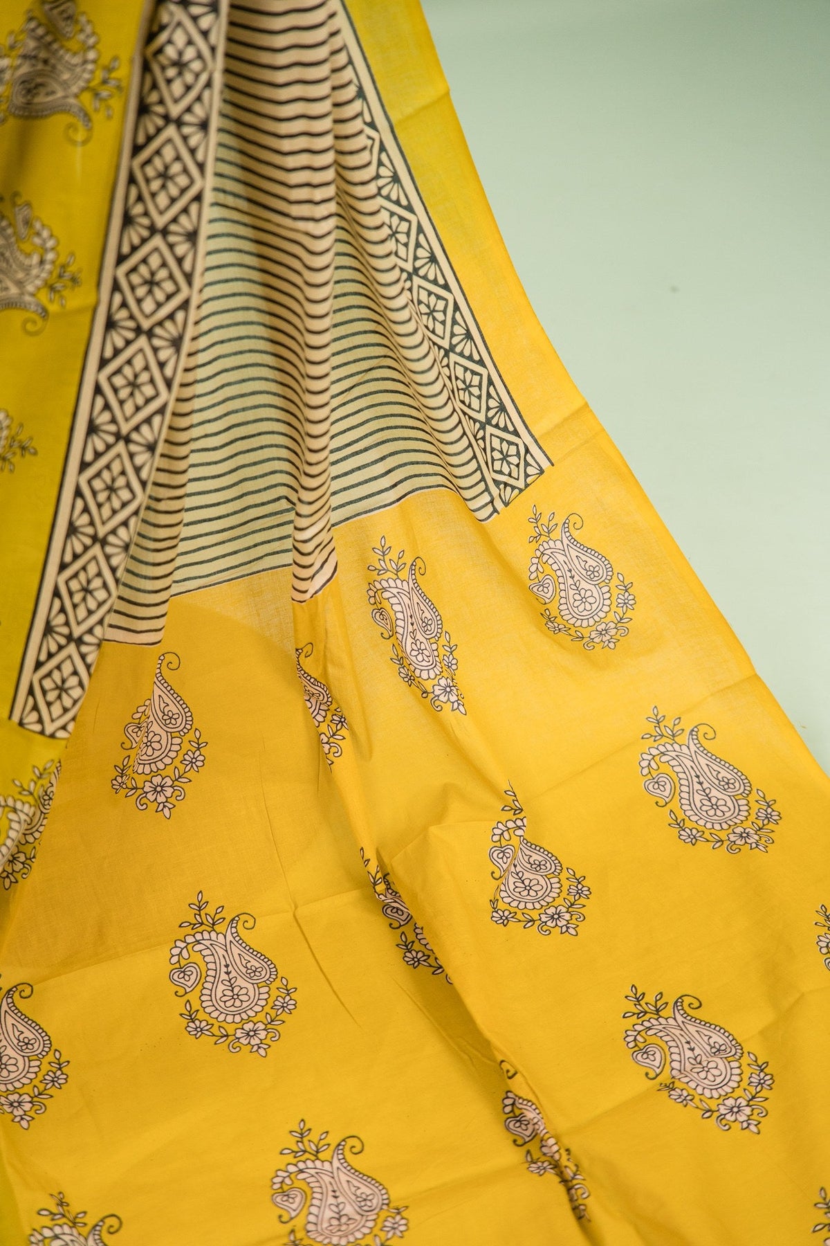 Mustard Black Paisley Border Mul Mul Cotton Saree