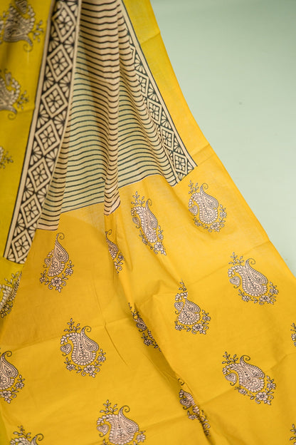 Mustard Black Paisley Border Mul Mul Cotton Saree