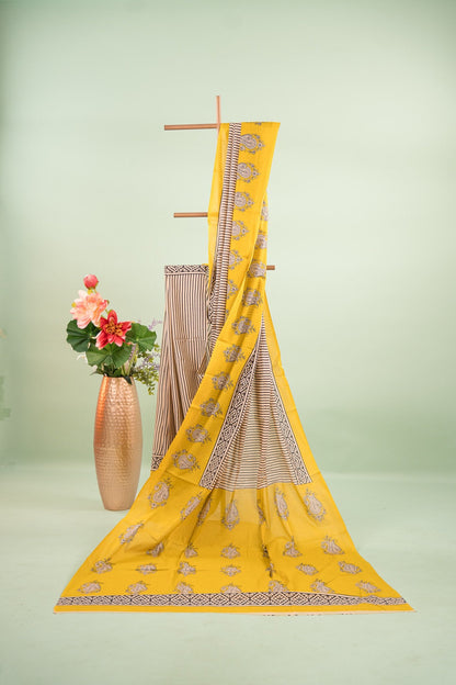 Mustard Black Paisley Border Mul Mul Cotton Saree