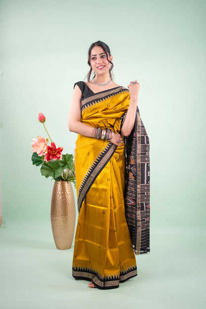 Mustard Black Temple Border Khandua Silk Saree - angled view