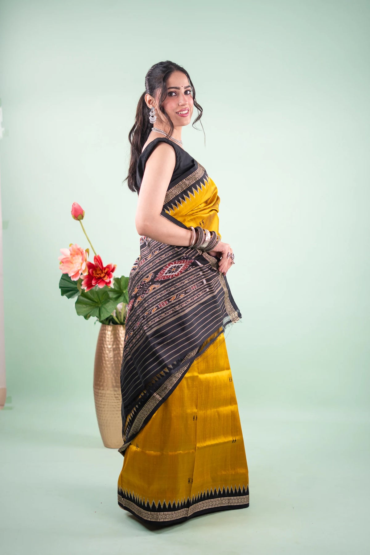 Mustard Black Temple Border Khandua Silk Saree - back view
