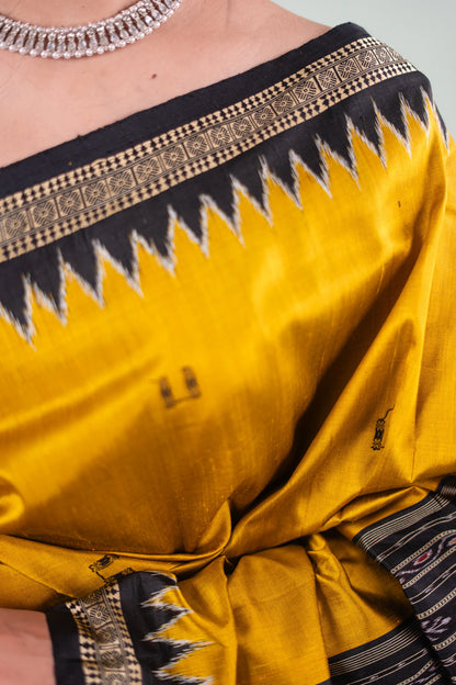 Mustard Black Temple Border Khandua Silk Saree - fabric design close-up