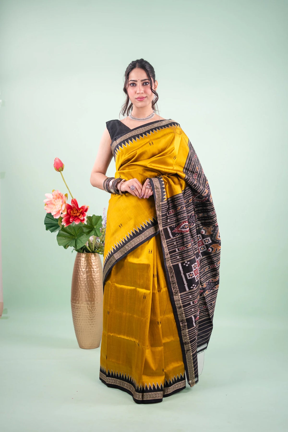 Mustard Black Temple Border Khandua Silk Saree - full front view