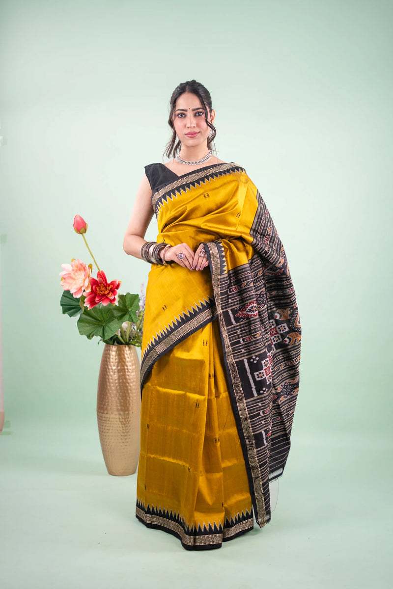 Mustard Black Temple Border Khandua Silk Saree - full front view