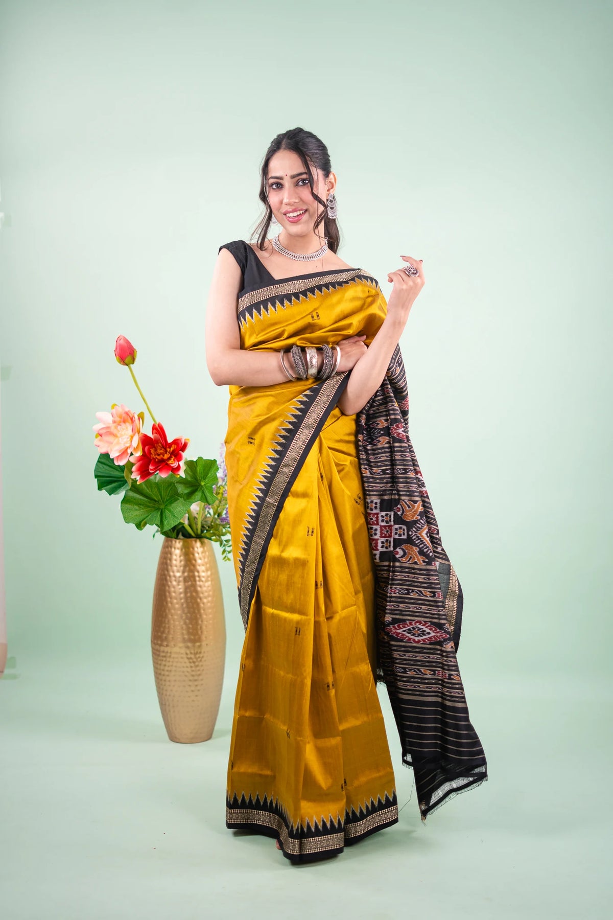 Mustard Black Temple Border Khandua Silk Saree - pallu on shoulder