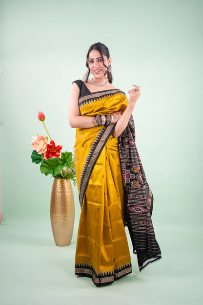 Mustard Black Temple Border Khandua Silk Saree - pallu on shoulder
