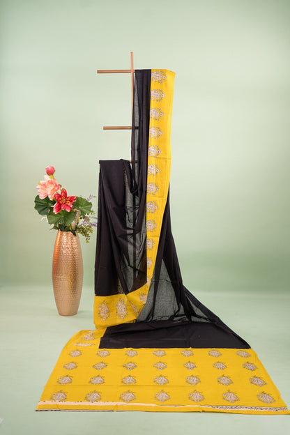 Mustard Charcoal Paisley Mul Mul Cotton Saree