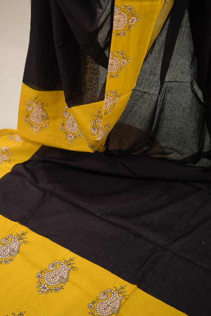 Mustard Charcoal Paisley Mul Mul Cotton Saree