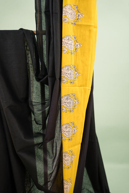 Mustard Charcoal Paisley Mul Mul Cotton Saree