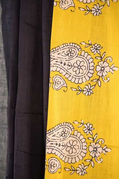 Mustard Charcoal Paisley Mul Mul Cotton Saree