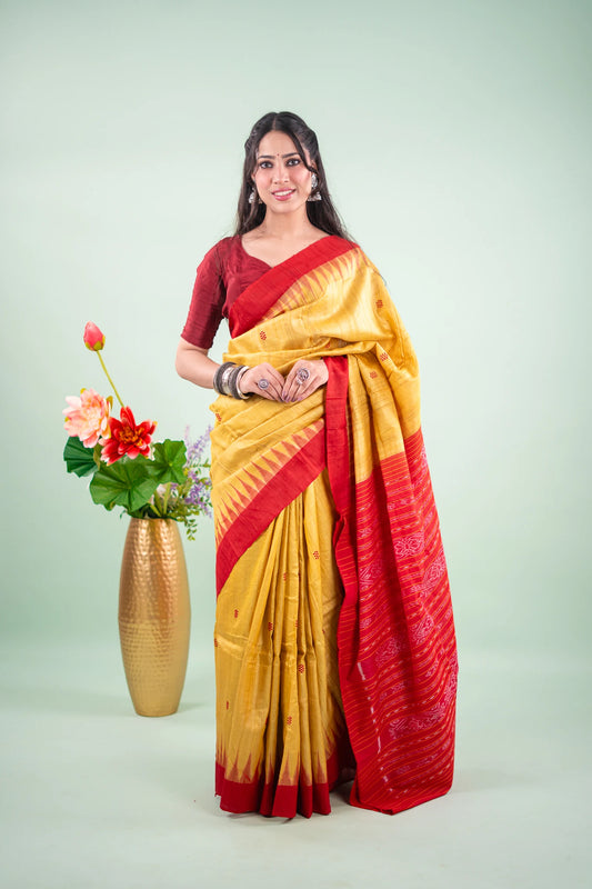 Mustard Crimson Temple Border Tussar Saree image 1