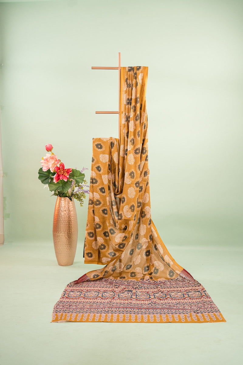 Mustard Dahlia Floral Mul Mul Cotton Saree