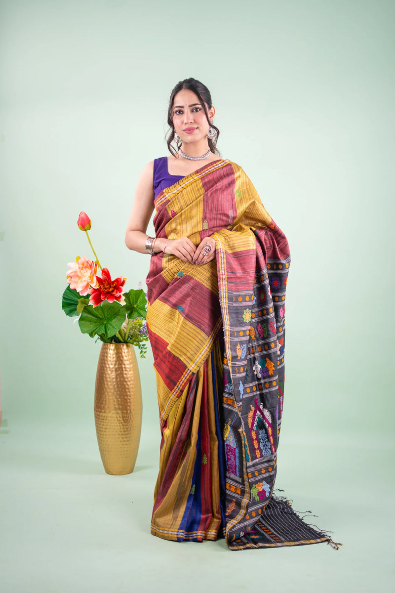 Mustard Plum Striped Tussar Saree image 1