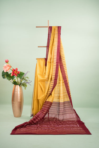 Mustard Wine Temple Border Tussar Saree
