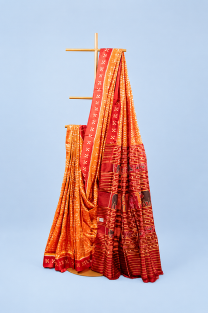 Amber Mustard Khandua Silk Saree with Traditional Gacha Ikat Motifs | Odisha Handloom