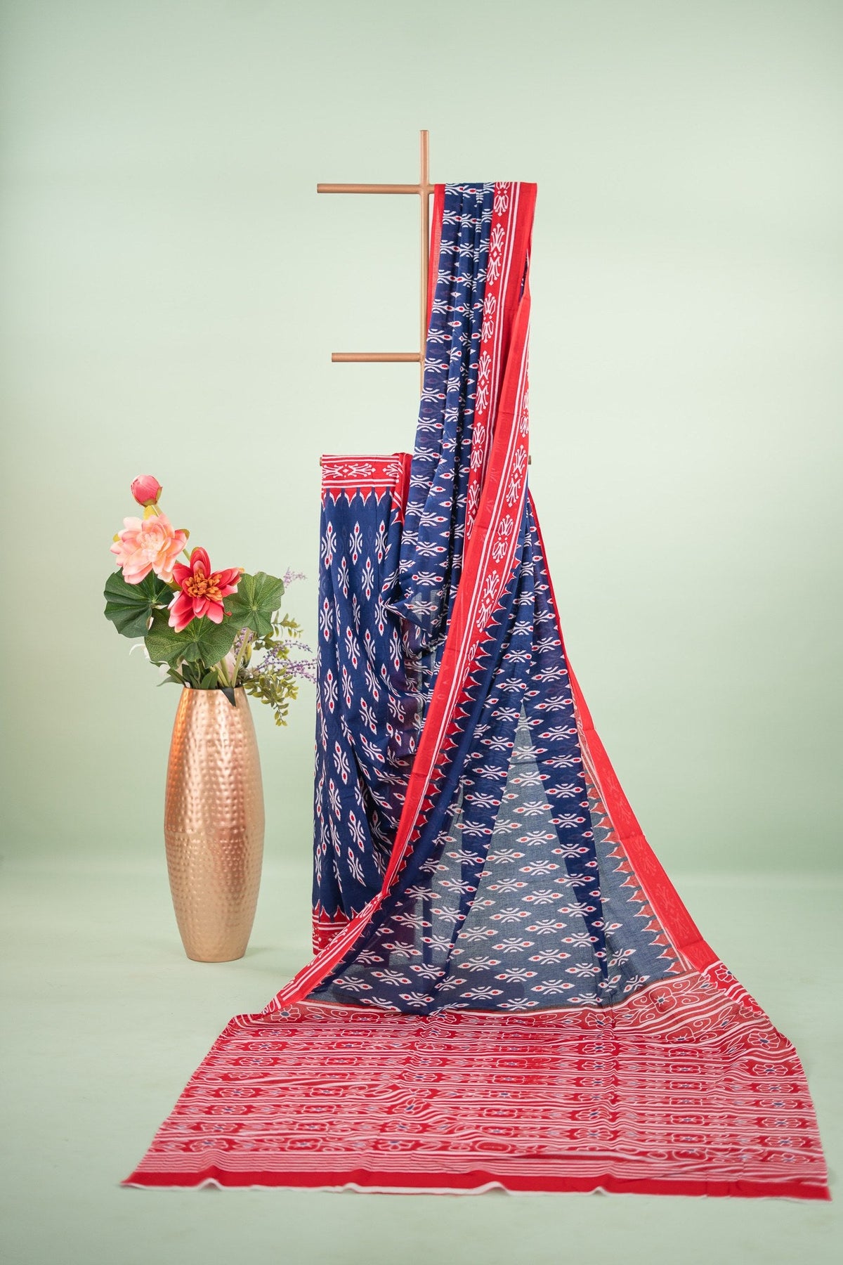 Navy Blue Ikat Temple Border Mul Mul Cotton Saree