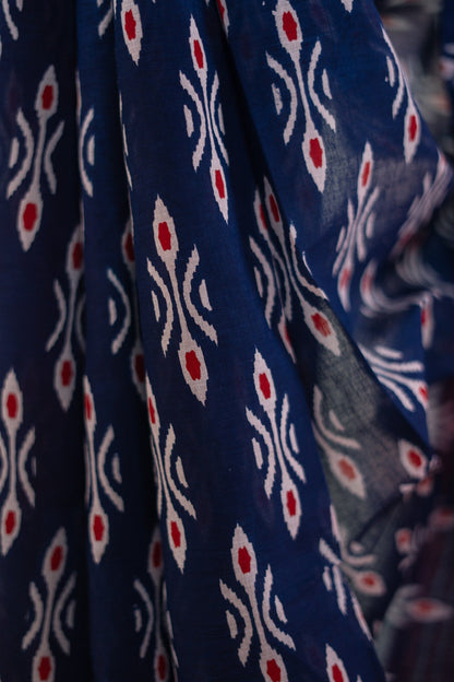 Navy Blue Ikat Temple Border Mul Mul Cotton Saree