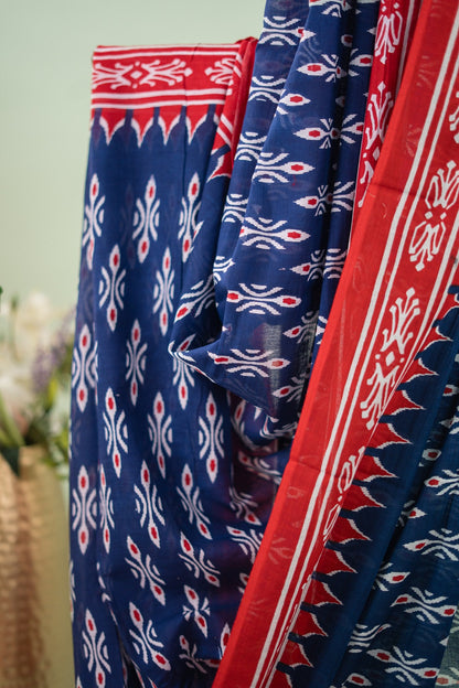 Navy Blue Ikat Temple Border Mul Mul Cotton Saree