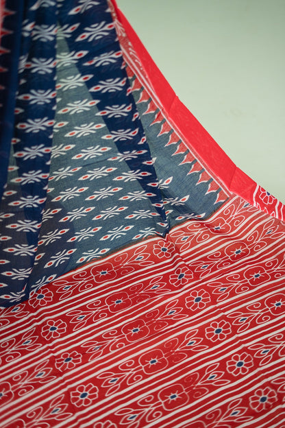 Navy Blue Ikat Temple Border Mul Mul Cotton Saree