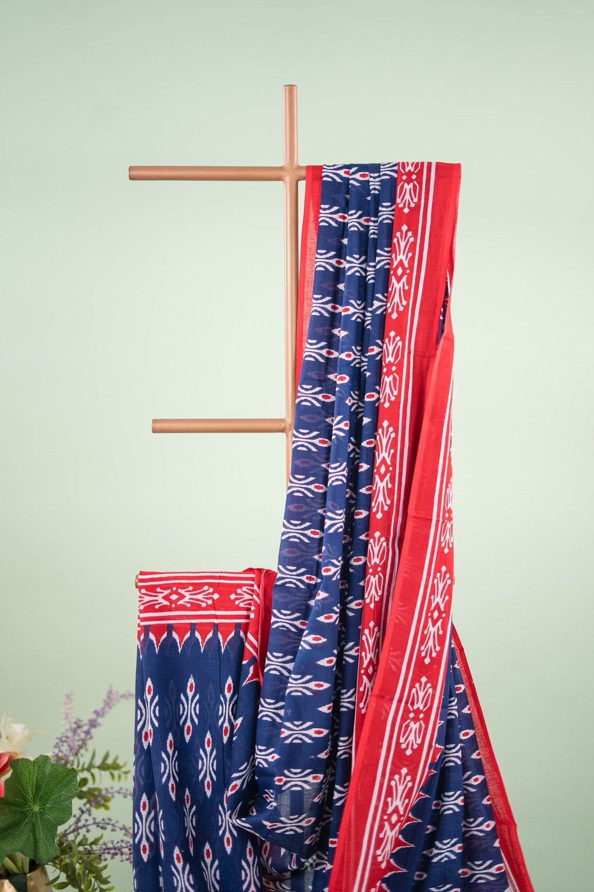 Navy Blue Ikat Temple Border Mul Mul Cotton Saree