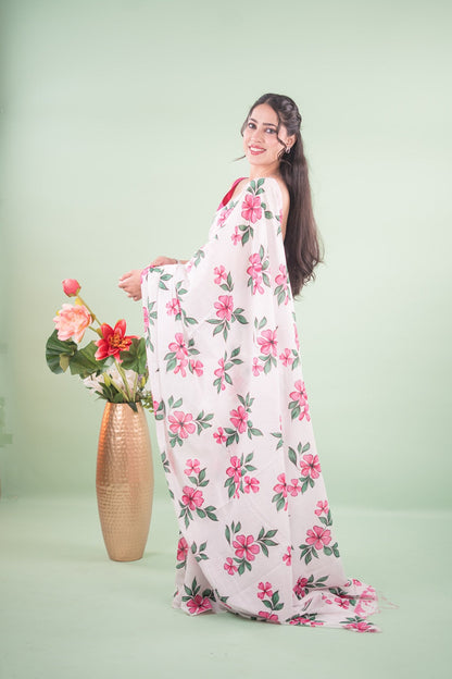 Off-White Rose Botanical Mul Mul Cotton Saree