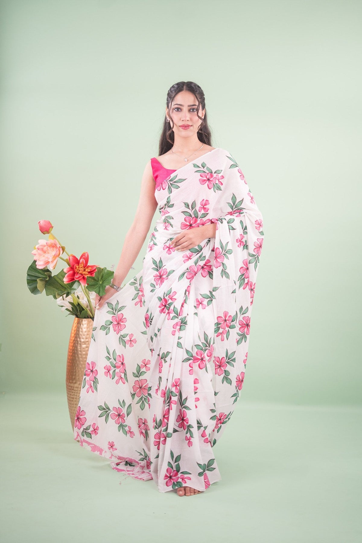 Off-White Rose Botanical Mul Mul Cotton Saree