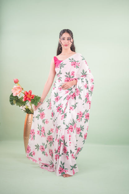 Off-White Rose Botanical Mul Mul Cotton Saree