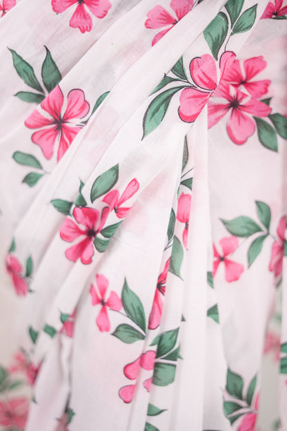 Off-White Rose Botanical Mul Mul Cotton Saree