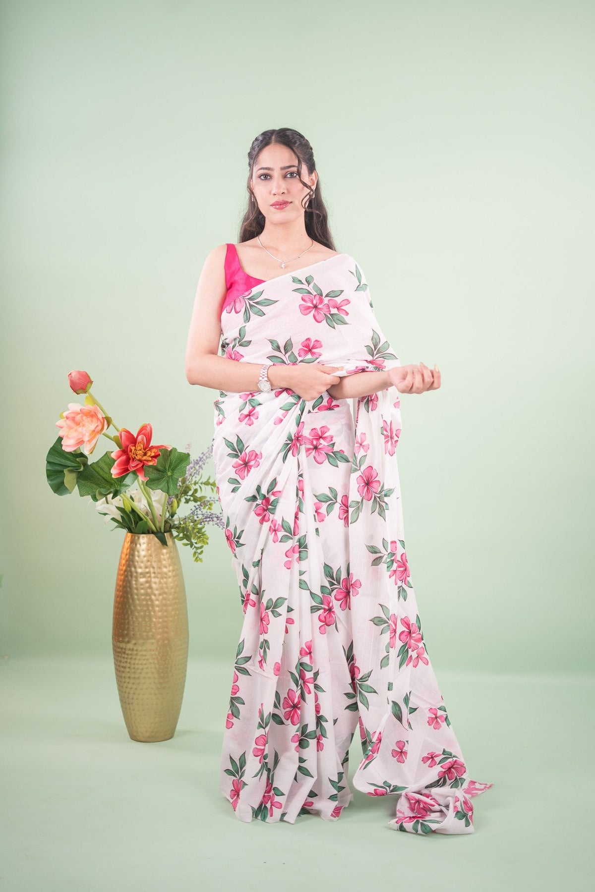 Off-White Rose Botanical Mul Mul Cotton Saree