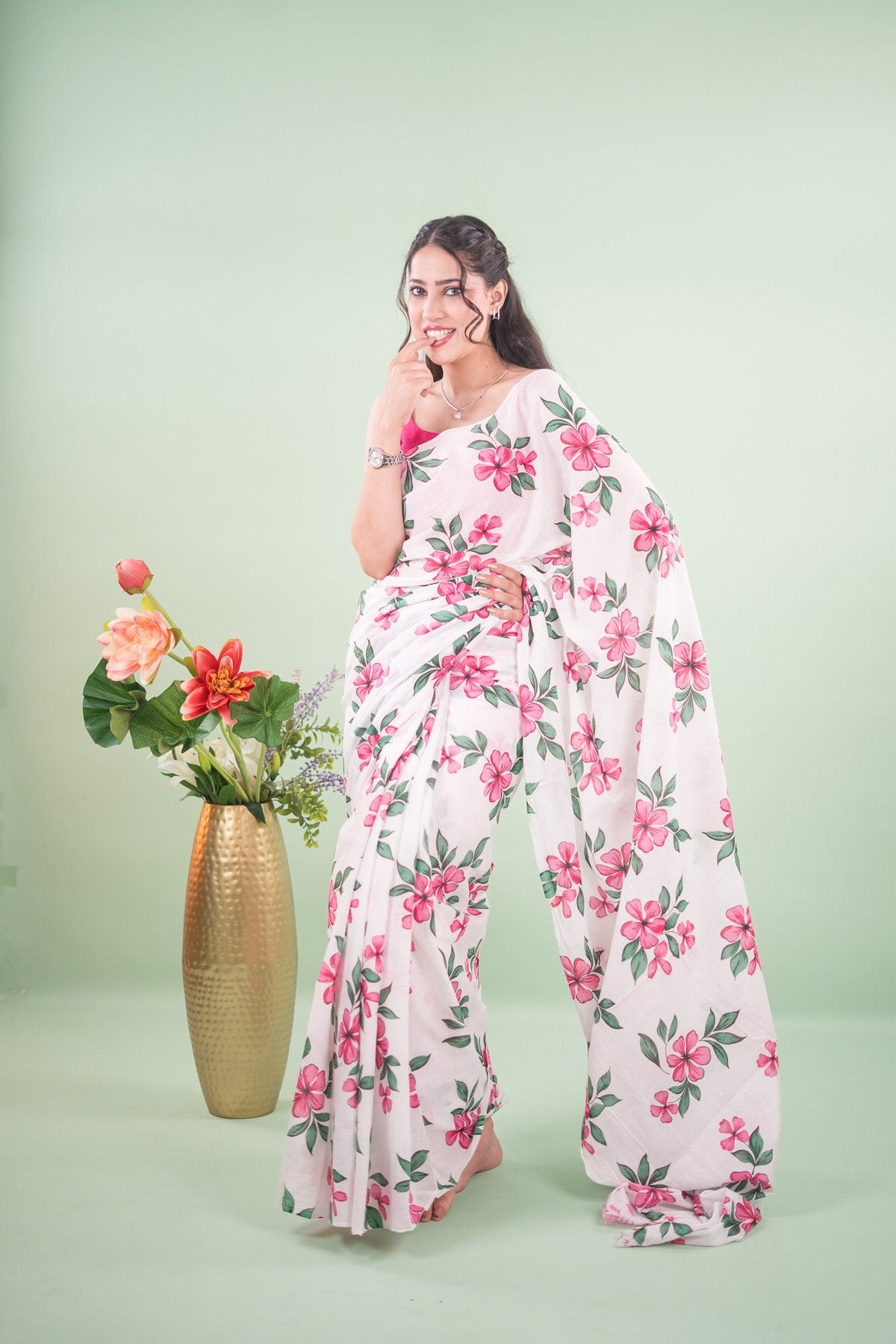Off-White Rose Botanical Mul Mul Cotton Saree