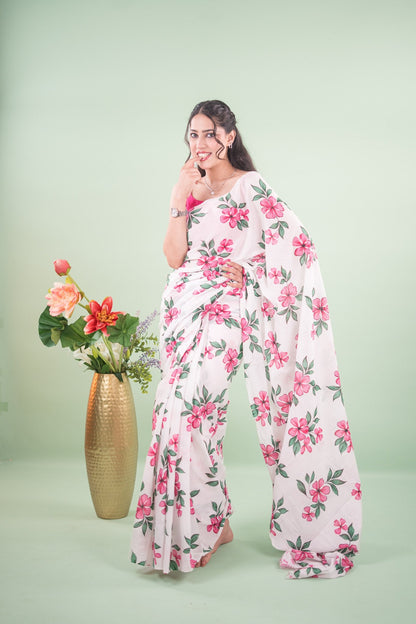 Off-White Rose Botanical Mul Mul Cotton Saree