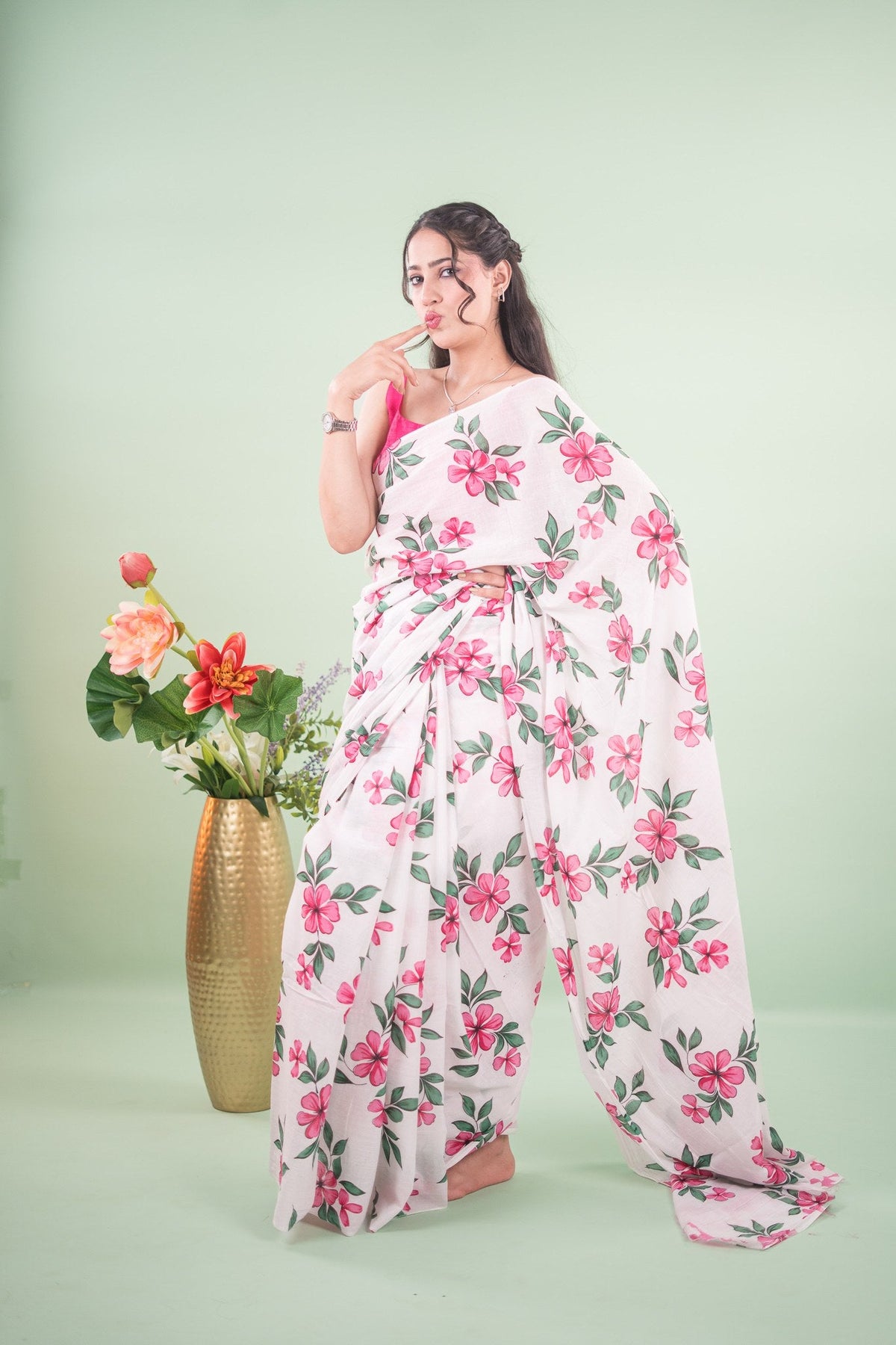 Off-White Rose Botanical Mul Mul Cotton Saree