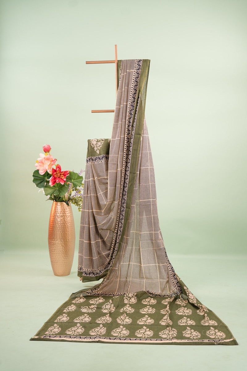 Olive Green Floral Vine Mul Mul Cotton Saree