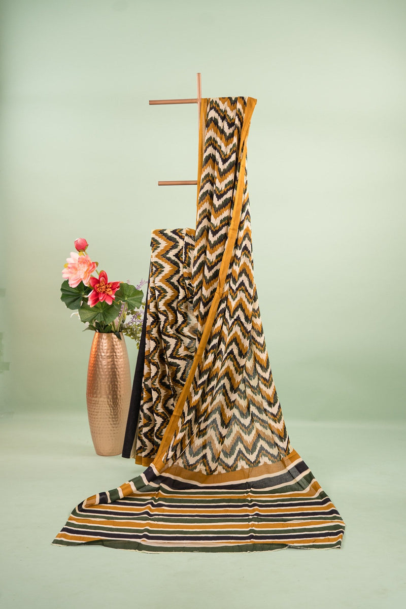 Olive Mustard Zig-Zag Ikat Mul Mul Cotton Saree