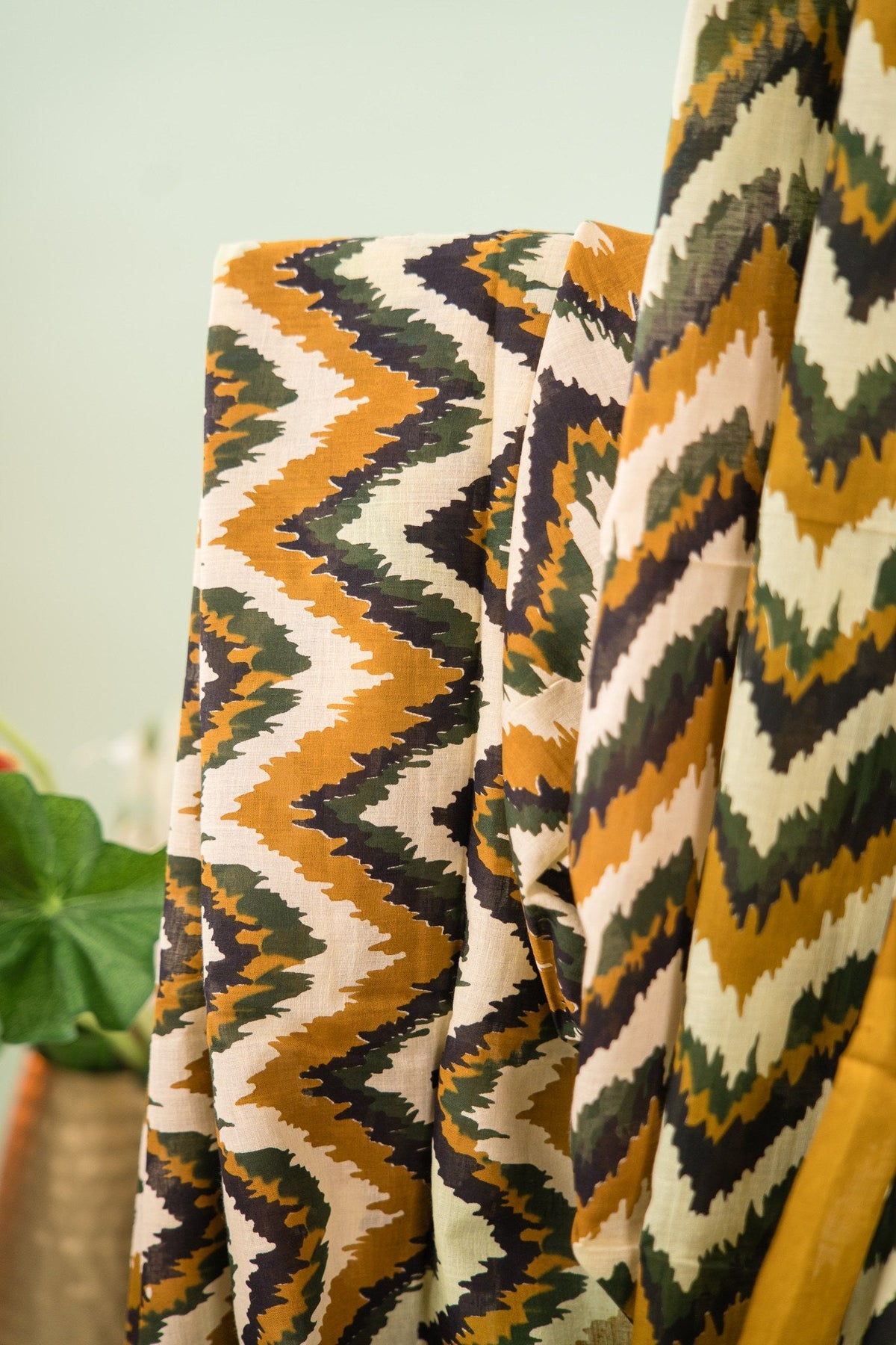 Olive Mustard Zig-Zag Ikat Mul Mul Cotton Saree