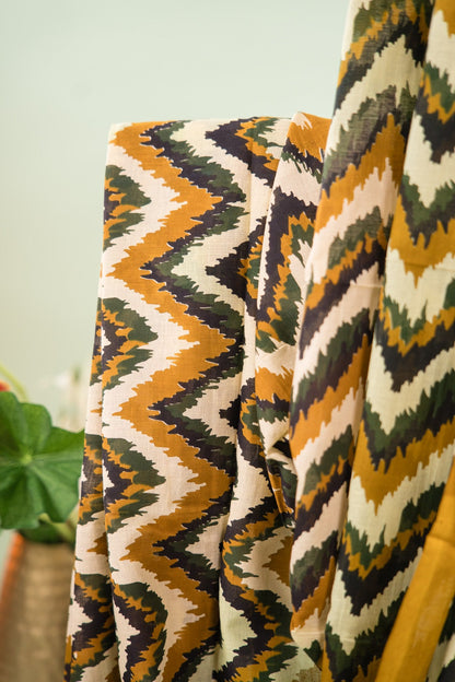 Olive Mustard Zig-Zag Ikat Mul Mul Cotton Saree