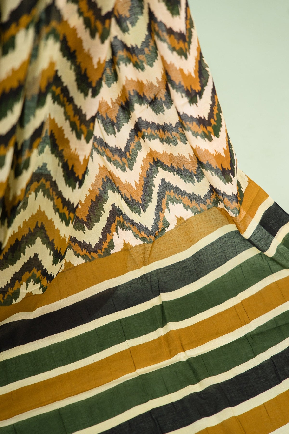 Olive Mustard Zig-Zag Ikat Mul Mul Cotton Saree