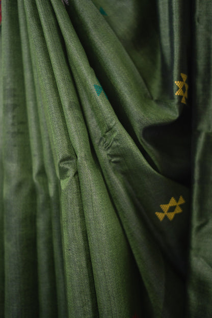 Olive Wine Temple Border Tussar Saree