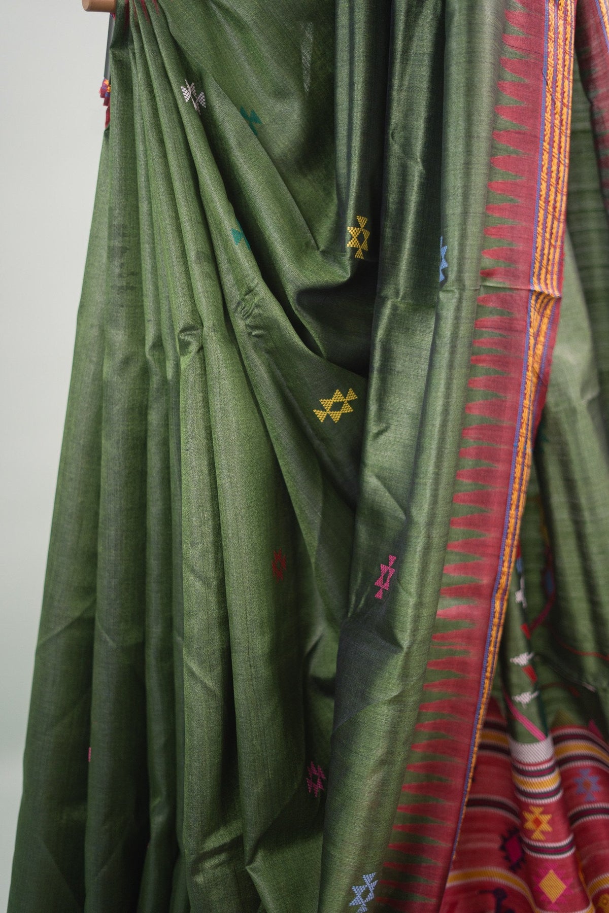 Olive Wine Temple Border Tussar Saree