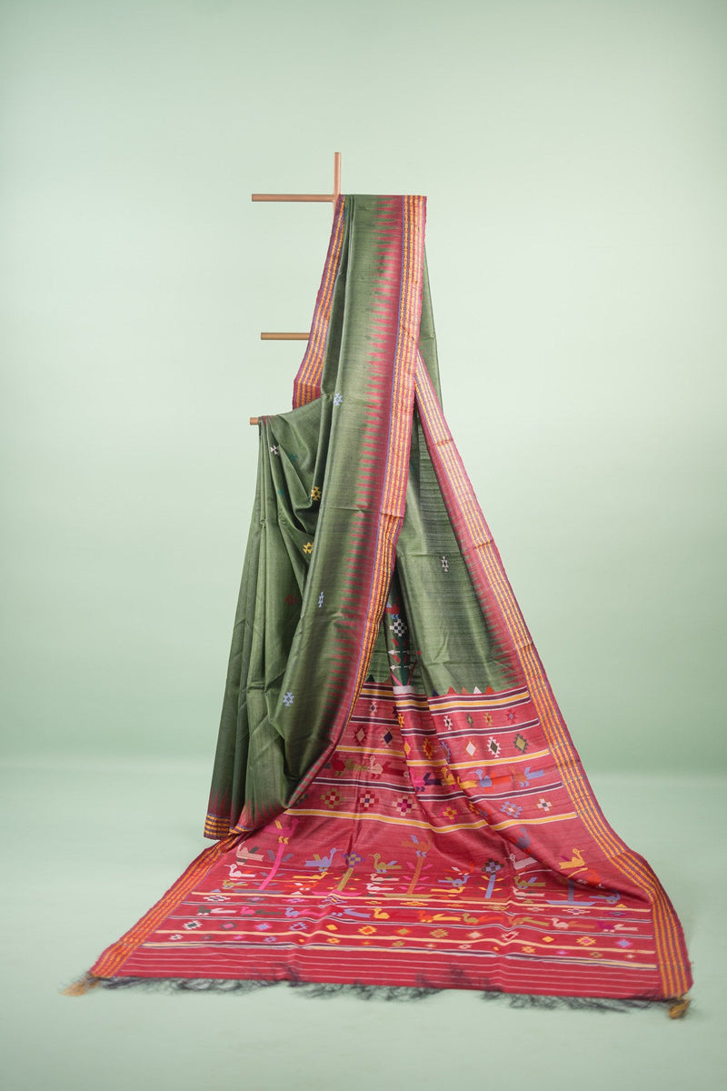 Olive Wine Temple Border Tussar Saree
