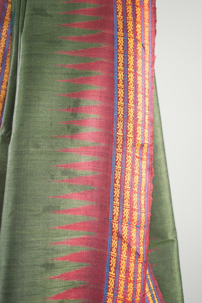 Olive Wine Temple Border Tussar Saree