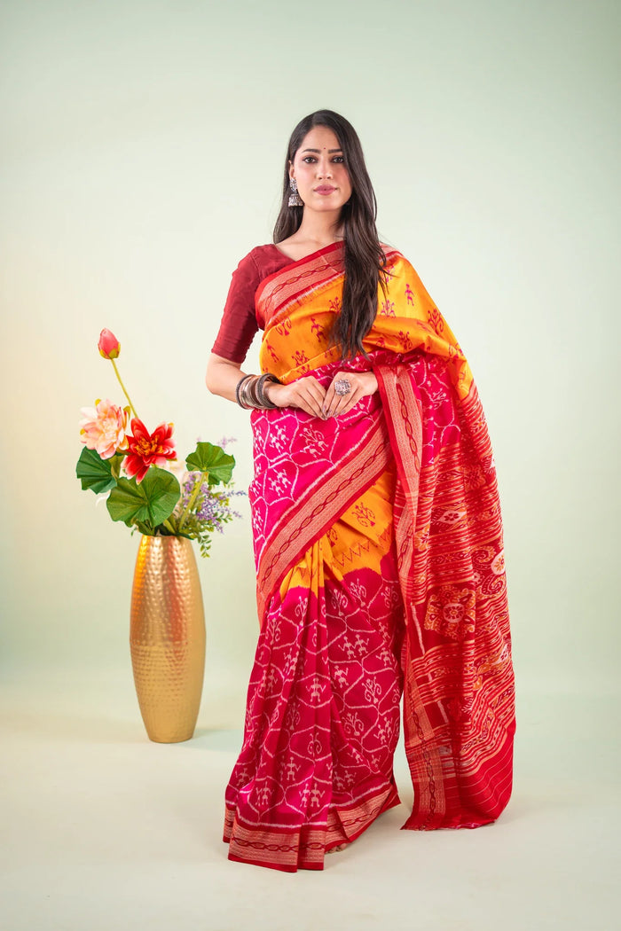 Orange Maroon Floral Chakra Khandua Silk Saree