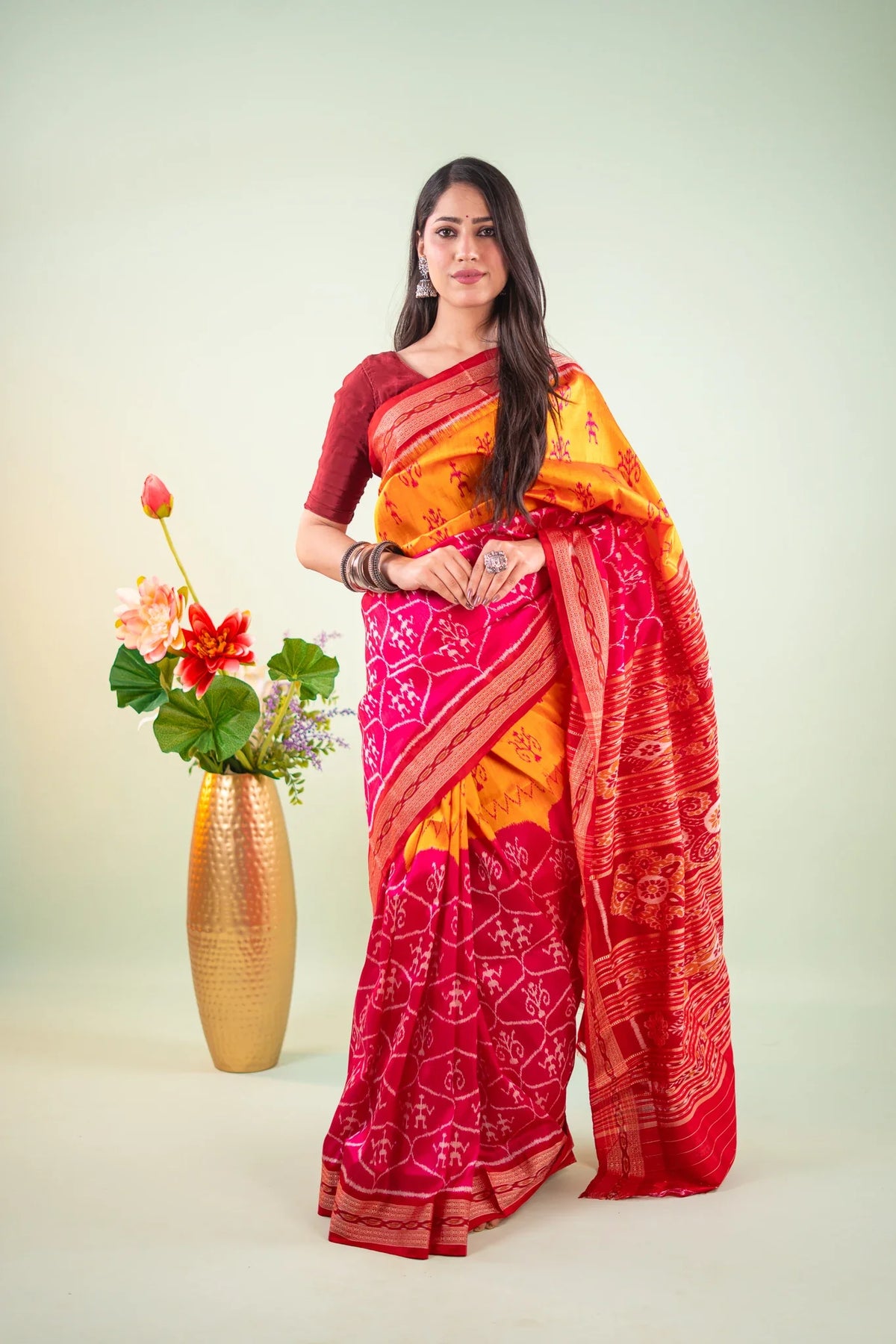 Orange Maroon Floral Chakra Khandua Silk Saree